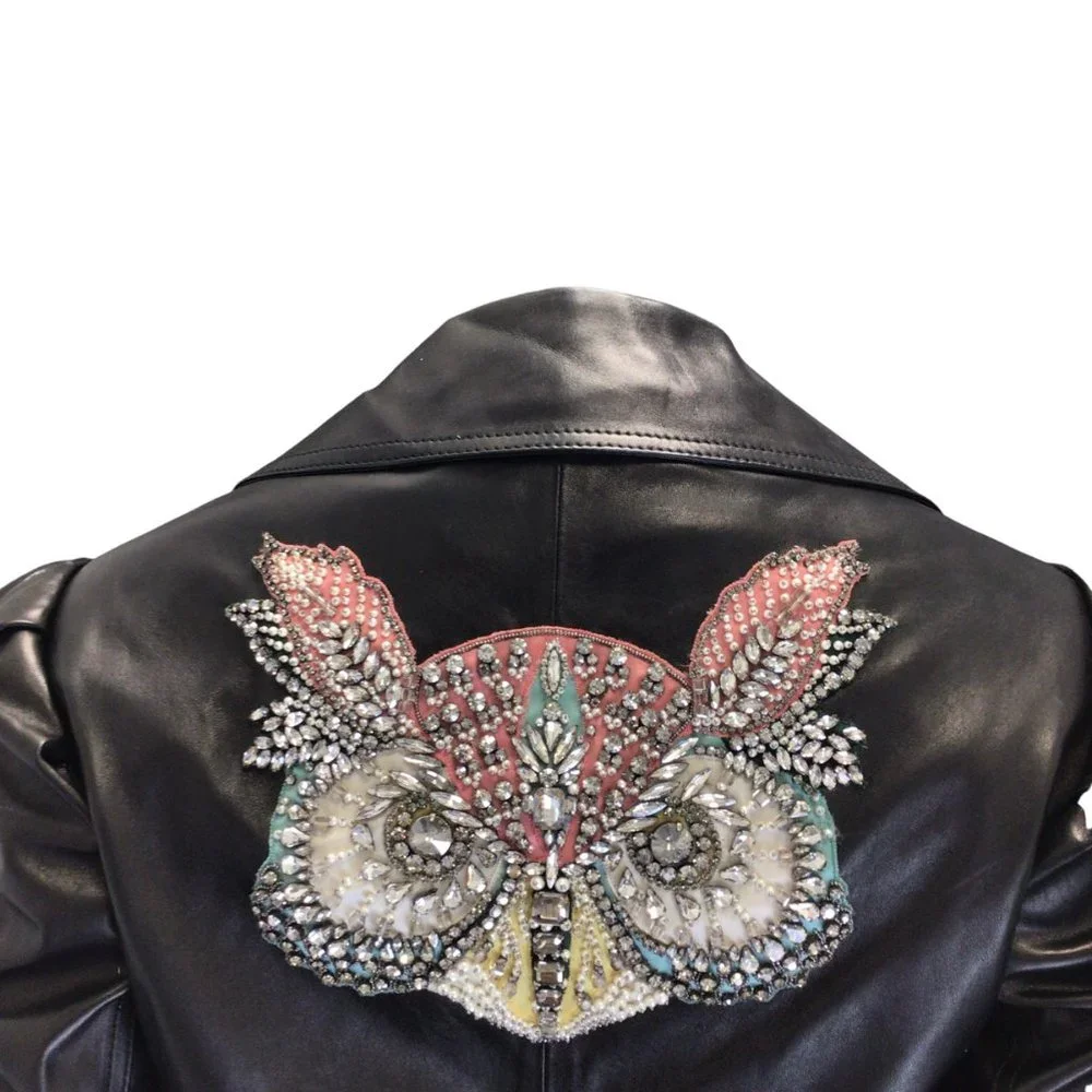 GUCCI BLACK CRYSTAL EMBELLISHED MOTO ZIP LAMBSKIN LEATHER JACKET - Picture 4 of 6